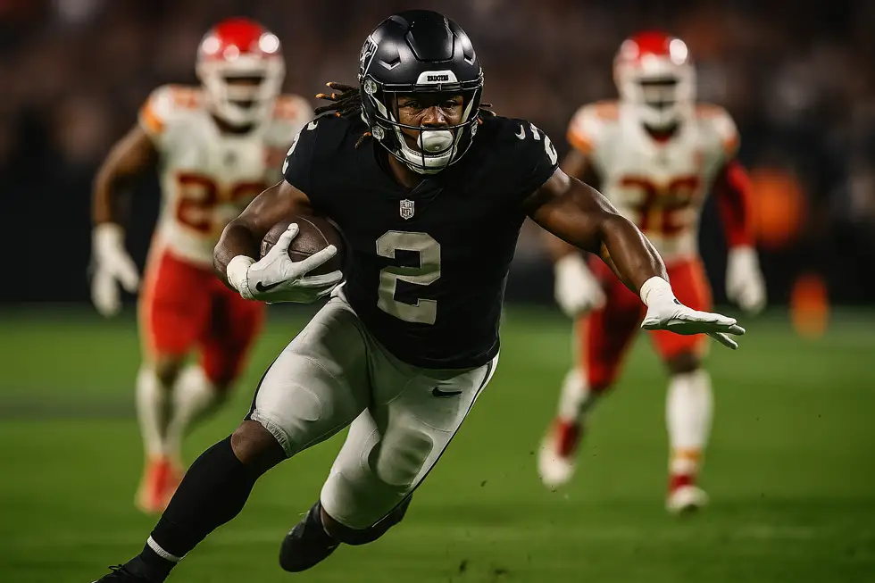 Ashton Jeanty in a Raiders uniform dodging Chiefs defenders at Allegiant Stadium, showcasing his speed and agility.
