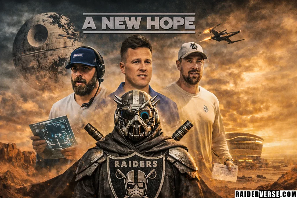 Stylized Star Wars-inspired artwork of Davis Webb, Mike LaFleur, and Klint Kubiak with a Tusken Raider figure wearing Raiders armor, set against a desert battlefield with Allegiant Stadium and a Death Star in the background.