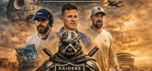 Stylized Star Wars-inspired artwork of Davis Webb, Mike LaFleur, and Klint Kubiak with a Tusken Raider figure wearing Raiders armor, set against a desert battlefield with Allegiant Stadium and a Death Star in the background.