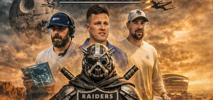 Stylized Star Wars-inspired artwork of Davis Webb, Mike LaFleur, and Klint Kubiak with a Tusken Raider figure wearing Raiders armor, set against a desert battlefield with Allegiant Stadium and a Death Star in the background.