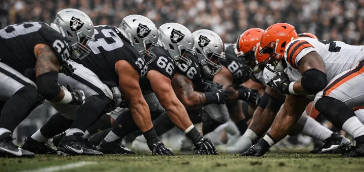 Las Vegas Raiders offensive line battling in the trenches during an NFL game, symbolizing a foundation-first draft strategy.